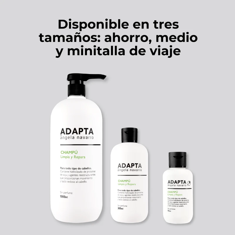 Champú Anticaspa en sus tres tamaños: ahorro, medio y minitalla de viaje, de ADAPTA Cosmetics