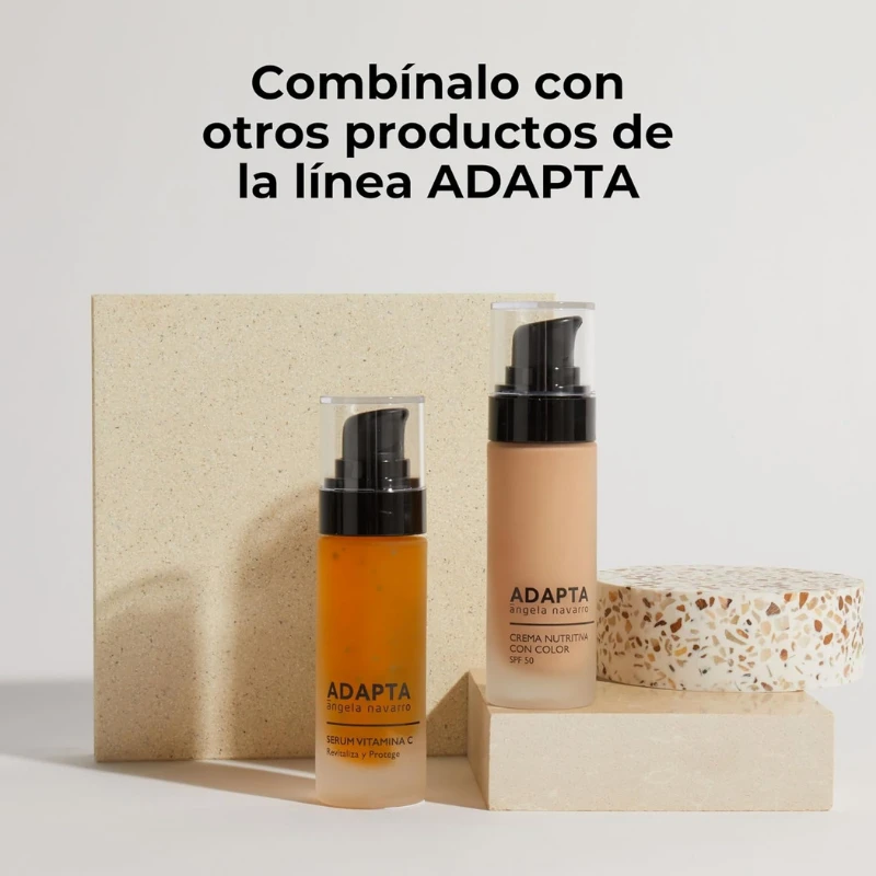 Crema Nutritiva con Color SPF50 junto a otros productos de la línea, de ADAPTA Cosmetics