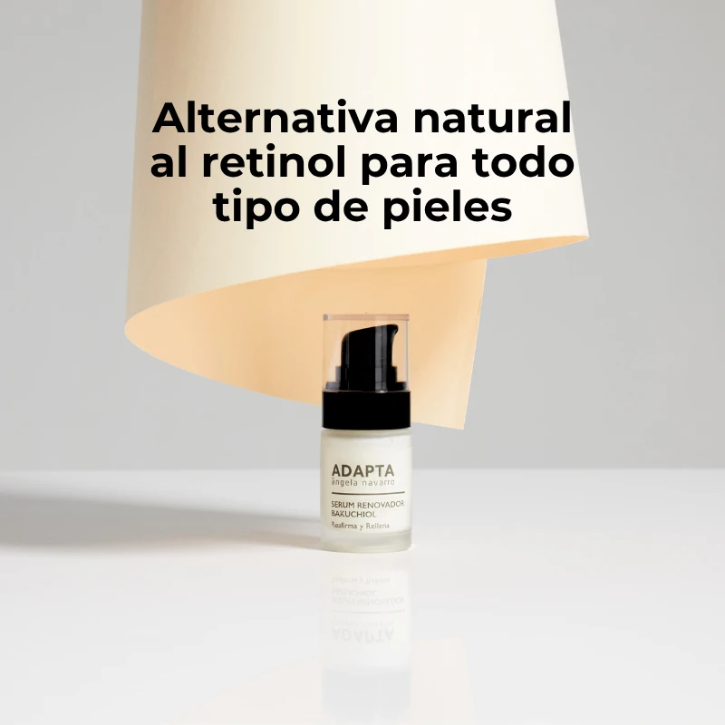 Sérum Bakuchiol en frasco con cuentagotas sobre fondo claro, de ADAPTA Cosmetics